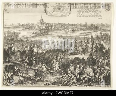 Siège et conquête de Naarden par le prince d'Orange, 1673, 1673 imprimer Siège et conquête de Naarden par le prince d'Orange, 12 septembre 1673. Au premier plan scènes de la vie de soldat dans le camp de l'armée. Au milieu, le maire de Naarden s’agenouille pour le prince qui est entouré de son état-major d’officiers. Au loin le siège et la prise de la ville. En haut sur une toile suspendue une carte de la ville et les positions des assiégeants, à droite 'sur le siège de Naerden' en six lignes. Avec de multiples inscriptions dans la performance. Imprimeur : Northern Netherlandspublisher : Amste Banque D'Images