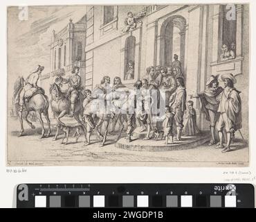 Le fils perdu quitte sa maison parentale, Anonyme, après Cornelis de Wael, 1658 imprimer le plus jeune fils dit au revoir à sa famille et quitte la maison parentale. Il embrasse encore son père alors qu'il est déjà sur son cheval. Sa mère pleure dans l'embrasure de la porte. D'autres membres de la famille regardent. Anvers gravure sur papier / gravure prise de congé et départ du fils prodigue Banque D'Images