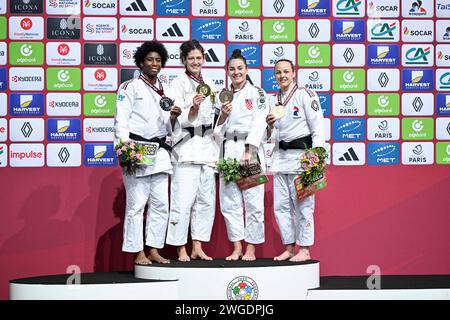 Paris, France. 04 février 2024. Marie-Eve Gahie Miriam Butkereit Barbara Matic et Margaux Pinot lors du Paris Grand Chelem 2024 IJF World Judo Tour à l'Accor Arena à Paris, France, le 3 février 2024. Photo de Victor Joly/ABACAPRESS.COM crédit : Abaca Press/Alamy Live News Banque D'Images