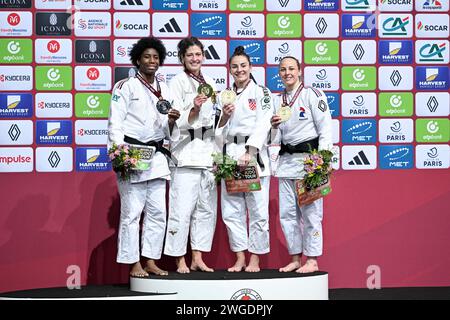 Paris, France. 04 février 2024. Marie-Eve Gahie Miriam Butkereit Barbara Matic et Margaux Pinot lors du Paris Grand Chelem 2024 IJF World Judo Tour à l'Accor Arena à Paris, France, le 3 février 2024. Photo de Victor Joly/ABACAPRESS.COM crédit : Abaca Press/Alamy Live News Banque D'Images