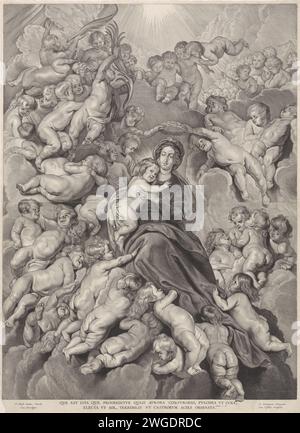 CREANT DE MARIA, Cornelis Visscher (II), d'après Pierre Paul Rubens, 1638 - 1658 imprimer la Vierge Marie, entourée d'une grande quantité d'anges, est couronnée dans les nuages d'une couronne de Laurier. Dans ses bras, elle a l'enfant Christ. Gravure sur papier couronnement de Marie par Dieu le Père et Christ Banque D'Images