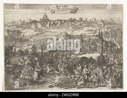 Siège et conquête de Naarden par le prince d'Orange, 1673, 1673 - 1675 imprimer Siège et conquête de Naarden par le prince d'Orange, 12 septembre 1673. Au premier plan scènes de la vie de soldat dans le camp de l'armée. Au milieu, le maire de Naarden s’agenouille pour le prince qui est entouré de son état-major d’officiers. Au loin le siège et la prise de la ville. Nord des pays-Bas gravure sur papier / gravure siège, position guerre. Capture de la ville (après le siège) Naarden Banque D'Images