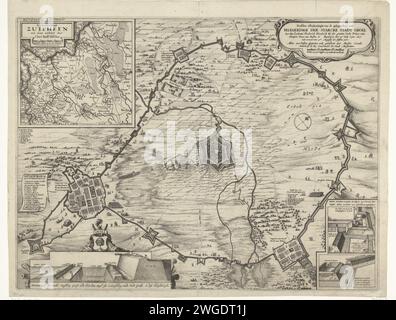 Siège de Grol par Frederik Hendrik, 1627, 1627 imprimer Siège et conquête de la ville de Groenlo (Grol) par l'armée d'État dirigée par Frederik Hendrik, 6 juillet - 19 août 1627. Centralement la ville avec le pays environnant et les quartiers des assiégeants. En haut à gauche un pari avec une carte du Graafschap Zutphen, en dessous d'un diamètre du Red Light District. En haut à droite cartouche avec titre et un bol de 500 passes, 2,5 faisant une tige. En bas à droite deux autres détails du Red Light District et des redoutes disposés par l'armée. A gauche, la Legenda 1-16 du camp militaire de Frederik Hendri Banque D'Images