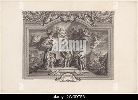 Peintures au plafond de la Grande Galerie de Versailles avec Louis XIV, roi de France, qui ordonne aux pays-Bas d'attaquer, Laurent Cars, d'après Jean Baptiste Massé, d'après Charles le Brun, 1752 estampe numérotée en bas à droite : n° 10. gravure de papier / gravure de personnes historiques. roi. préparation pour la bataille. cartes, atlas. (Décoré) plafond Versailles Banque D'Images