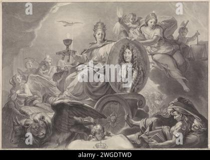 Portrait allégorique de Louis XIV, roi de France, 1666 - 1707 print partie supérieure d'une allégorie sur le règne du roi Louis XIV La personnification de la foi catholique est sur un char et tient un bouclier avec le portrait de Louis XIV Le char, dessiné par les quatre symboles évangélistes (humains, lion, bœuf et aigle), entraîne les péchés et les vices personnels. Imprimeur : Parisafter peinture par : ParisFrance gravure sur papier / gravure Banque D'Images