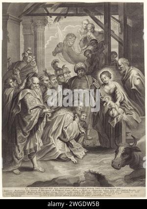 Adoration des rois, Adriaen Lommelin, d'après Pierre Paul Rubens, 1661 - 1684 estampe Marie et Joseph montrent l'enfant Christ aux trois rois. Les trois offrent à l'enfant leurs cadeaux. Les membres de leur entourage surveillent. Anversois gravure sur papier adoration des rois : les Sages présentent leurs dons au Christ-enfant (or, encens et myrrhe) Banque D'Images
