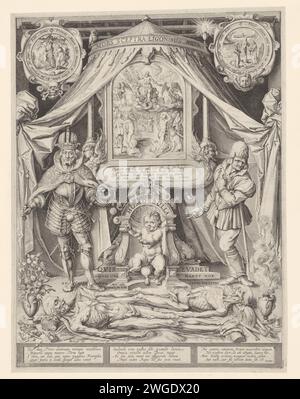 Allégorie de la mort et éphémère de la vie, impression 1599 dans une tente ronde, un putto souffle ('Homo Bulla' - 'l'homme est une bulle' - est sur le bord de la niche dans laquelle il se trouve), flanqué d'un empereur et d'un ouvrier agricole. Au-dessus du putto une représentation du dernier jugement. En haut à gauche un cartouche avec une représentation ronde de la chute ; en haut à droite un cartouche avec une représentation ronde de la crucifixion. Il y a deux cadavres au premier plan (l'empereur et le fermier, selon la couronne cassée à l'extrême gauche et la pelle battue à l'avant droit). Sur la gauche au premier plan al Banque D'Images