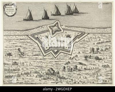 Siège et secours du fort Philippines, 1635, 1649 - 1651 imprimer le siège par l'armée espagnole et le secours par l'armée d'État sous Frederik Hendrik du fort Philippines (fort Sint-Philips) en Flandre sur les rives de l'Escaut le 20 mai 1635. Carte du fort sur la rive, sur terre Un camp de l'armée et la cavalerie avançant. Cinq navires hollandais à l'étage dans l'eau. Marqué en haut à droite : Fig. 20. fol. 212. Nord des pays-Bas papier gravure victoire, position était Escaut. Flanders. Fort Sint-Philips Banque D'Images