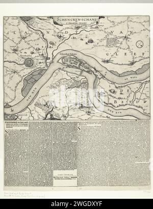 Carte de Schenckenschans assiégée par Frederik Hendrik, 1635, 1635 imprimer carte Schenckhans et la région fluviale assiégée par l'armée d'État dirigée par Frederik Hendrik, août 1635. Une feuille de texte est collée sous la plaque avec une description des événements en 3 colonnes en néerlandais et 3 colonnes en français. En haut à droite de la performance de Legenda 1-10, en dessous d'un pêcheur debout avec l'indication de l'échelle. Amsterdam gravure sur papier / imprimerie typographique siège, guerre de position. Cartes des différents pays ou régions Schenkhans Banque D'Images