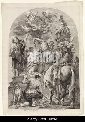 Martyre de H. Apollonia, Marinus Robyn van der va, d'après Jacques Jordaens, 1630 - 1639 imprimer le martyre de la Sainte Apollonia : ses dents sont arrachées, tandis que son pieu est préparé au premier plan. Anvers gravure sur papier martyre, souffrance, malheur, mort de St. Apollonia Banque D'Images