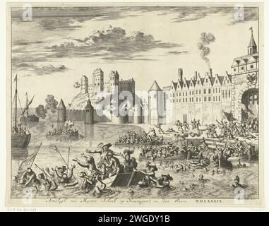 Attaque de Maarten Schenck sur Nimègue, 1589, 1681 imprimer échec attaque par les troupes de Maarten Schenck sur la ville de Nimègue, 10 août 1589. Épisode de la guerre de Keulse. En fuyant la ville, Schenck se noie dans le Waal. Bataille de gravure sur papier d'Amsterdam. Noyade, naufragé Nijmegen Banque D'Images