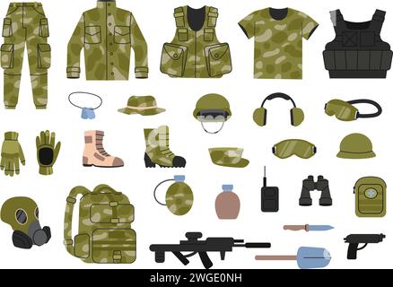 Matériel militaire. Uniforme des soldats, vêtements de camouflage et outils. Bottes, sac à dos et arme, masque à gaz et jumelles. Icônes d'outils vectoriels décents Illustration de Vecteur