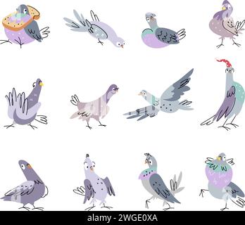 Drôle de pigeon set. Colombe émotionnelle dans diverses poses. Des pigeons de bande dessinée isolés volent, mangent, vont au lit. Personnages vectoriels mignons oiseaux sauvages nowaday Illustration de Vecteur