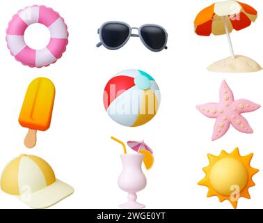 Icônes de rendu 3D de la plage de voyage. Éléments réalistes d'été, crème glacée isolée, cocktail et parasol. Vacances sur la mer, poisson étoilé et boule, pithy Illustration de Vecteur