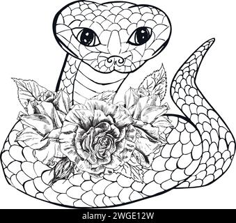 Belle et mignonne avec des fleurs de roses noir un serpent serpent dessin de ligne séparément sur un fond blanc. Illustration de dessin animé vectoriel, livre de coloriage de page Illustration de Vecteur