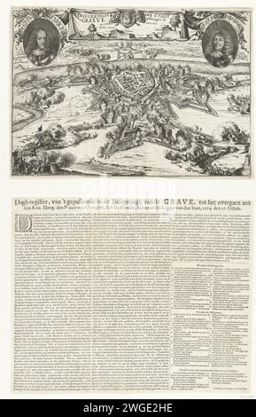 Siège de grave par Willem III, 1674, 1674 imprimer Siège et conquête de grave par Guillaume III, 25 juillet au 29 octobre 1674. Le bombardement de la ville vu de la position de l'investisseur. En haut de chaque côté des médaillons de titre de Willem III et Rabenhaupt. Imprimer avec feuille de texte lâche avec une description chronologique des événements de jour en jour et les légendes A-S et 1-24 en néerlandais dans 3 colonnes. Amsterdam gravure sur papier / impression typographique victoire, la position était grave Banque D'Images