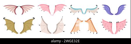 Ailes de dragon de dessin animé. Parties palmées d'animaux mythiques. Éléments de créatures volantes de conte de fées. Reptiles fantastiques. Mouche batte vampire. Costume de carnaval Illustration de Vecteur