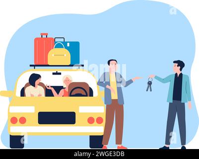 Les gens vont aux voyages en voiture. Homme donnant les clés de la voiture à un ami. Transport estival, aventures entre amis ou en famille et tourisme, scène vectorielle Illustration de Vecteur