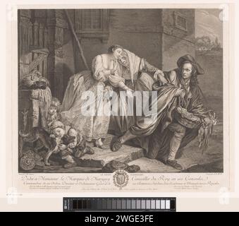 Jeune et vieille femme disent au revoir à un Marskramer, Pierre Etienne Moitte, d'après Jean-Baptiste Greuze, 1757 - 1780 imprimer Une jeune femme et une vieille femme se tiennent devant une maison avec deux jeunes enfants et un chien. La vieille femme a la main sur l'épaule d'un Marskramer partant. La jeune femme tient sa main gauche sous son menton et fait un « geste napoléonien » (la geste napolitain) qui symbolise le rejet. Paris gravure sur papier / gravure rejet. langage gestuel. pedlar Banque D'Images