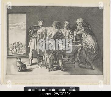 Repas à Emmaus, Anonyme, d'après Willem Isaacsz. Van Swanenburg, d'après Pieter van Sompel, d'après Julius Goltzius, d'après Pierre Paul Rubens, d'après Maerten de vos, 1630 - 1652 imprimer Christ est assis à table avec ses élèves. Il bénit et brise le pain, ce qui fait que ses élèves le reconnaissent. A droite une femme donne un verre de vin et il y a un chien sous la table. Sur la gauche dans l'embrasure de la porte les Emmausgoers en route. Sous le spectacle le titre en latin, quatre versets de quatre lignes en néerlandais et une référence au texte biblique en Luc. 24:31. Amsterdam papier gravure le souper à Emmaus : Christ is Banque D'Images