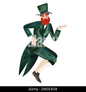 Leprechaun en costume vert et chapeau haut de gamme. Symbole de l'Irlande. Homme barbu rouge. Illustration d'aquarelle isolée sur fond blanc. Caractère Banque D'Images