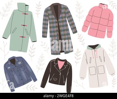 Collection de différents vêtements d'extérieur pour femmes. Vecteur de vêtements d'extérieur de mode, illustration tendance de vêtement de conception Illustration de Vecteur