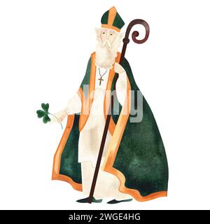 Saint Patrick, saint patron de l'Irlande. saint catholique religieux. Figure complète avec le personnel et le trèfle shamrock. Illustration aquarelle isolée sur whit Banque D'Images