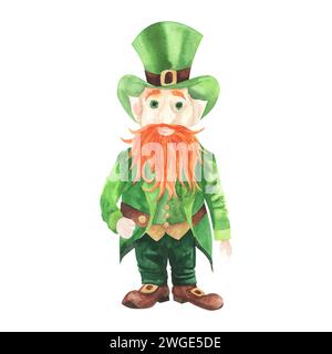 Drôle d'aquarelle de dessin animé leprechaun en chapeau vert et costume dansant avec la barbe orange. Joyeuse Saint Patricks journée illustration isolée sur backgr blanc Banque D'Images