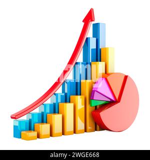 Craphs colorés, diagrammes circulaires, diagrammes, barres avec flèche de croissance. Rendu 3D isolé sur fond blanc Banque D'Images