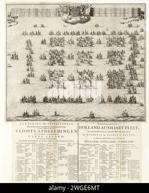 Formation de la flotte avec laquelle Willem III navigua en Angleterre, 1688, 1688 - 1689 imprimer la formation de la flotte avec laquelle le prince Guillaume III partit de Hellevoetsluis pour l'Angleterre, le 11 novembre 1688. Au sommet des armoiries du Stadholder King Guillaume III avec la Prot des sorts. Religion et liberté 'et 'Je Maintiendray'. En ceci est une rose de boussole en bas. Collé sous l'impression une feuille de texte avec les légendes 1-63 et A-T en néerlandais et en anglais. Imprimeur : Northern Netherlandspublisher : Amsterdam papier gravure / typographie guerre ; affaires militaires (+ voiliers) Banque D'Images