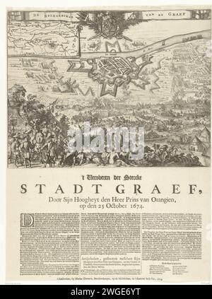 Conquête de grave par Willem III, 1674, 1674 imprimer le siège et la conquête de grave par Guillaume III, du 25 juillet au 29 octobre 1674. Vue du siège de la ville en quelques mots. Au premier plan le prince avec son bâton. Au sommet de l'arme du prince. Au milieu du premier plan un groupe de pays extérieurs, dont quelques noirs. Sur la feuille sous la plaque un texte en 3 colonnes avec les articles de reddition. Les chiffres et le nom de Romeyn de Hooghe sont polis. Imprimeur : Amsterdamprint Maker : Northern Netherlandspublisher : Amsterdam paper graving / letterpress prin Banque D'Images