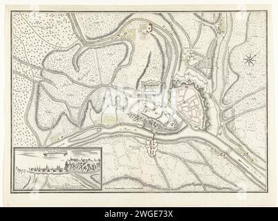 Carte de la ville Namur avec le château, assiégée par l'armée française, 1692, 1692 imprimer carte des noms de la ville avec le château, assiégée par l'armée française, 25 mai - 30 juin 1692. En bas à gauche un pari avec un visage sur la ville et le château. Imprimeur : France (éventuellement)éditeur : Paris cartes de gravure sur papier des villes. Siège, position des noms de guerre (ville). Château de Namur Banque D'Images