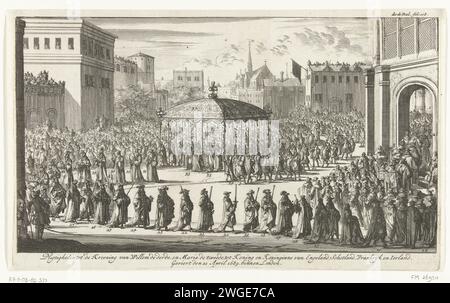 Défilé corporatif de Willem III, 1689, 1689 procession d'impression à la cérémonie du couronnement, 21 avril 1689. Willem et Marie sous un auvent dans une longue procession en route vers l'abbaye de Westminster. Avec des figures dans le spectacle et marqué en haut à droite : troisième partie. fol. 118. Northern Netherlands paper graving couronnement procession Londres Banque D'Images