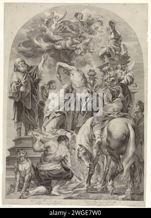 Martyre de H. Apollonia, Marinus Robyn van der va, d'après Jacques Jordaens, 1630 - 1639 imprimer le martyre de la Sainte Apollonia : ses dents sont arrachées, tandis que son pieu est préparé au premier plan. Anvers gravure sur papier martyre, souffrance, malheur, mort de St. Apollonia Banque D'Images