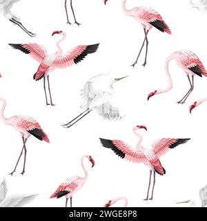 Motif sans couture avec flamants roses et hérons blancs. Vecteur. Illustration de Vecteur