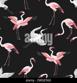 Motif sans couture avec flamants roses et hérons blancs. Vecteur. Illustration de Vecteur