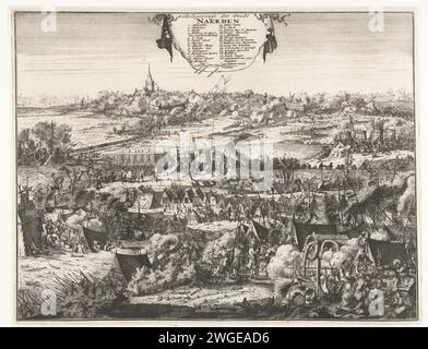 Siège et conquête de Naarden, 1673, 1684 imprimer Siège et conquête de Naarden par le prince d'Orange, 12 septembre 1673. Au premier plan scènes de la vie de soldat dans le camp de l'armée. Au loin le siège et la prise de la ville. En haut un tissu suspendu avec titre et légende 1-20. Nord des pays-Bas gravure sur papier / gravure siège, position guerre. prise de ville (après le siège). Camp (militaire) avec tentes Naarden Banque D'Images