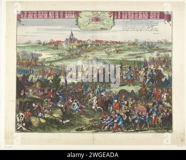 Siège et conquête de Naarden par le prince d'Orange, 1673, 1673 imprimer Siège et conquête de Naarden par le prince d'Orange, 12 septembre 1673. Au premier plan scènes de la vie de soldat dans le camp de l'armée. Au milieu, le maire de Naarden s’agenouille pour le prince qui est entouré de son état-major d’officiers. Au loin le siège et la prise de la ville. En haut sur une toile suspendue une carte de la ville et les positions des assiégeants, à droite 'sur le siège de Naerden' en six lignes. Avec de multiples inscriptions dans la performance. Imprimeur : Northern Netherlandspublisher : Amste Banque D'Images