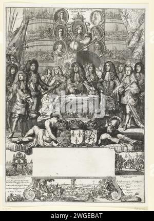 Allégorie sur la paix de Nimègue et d'autres événements en l'an 1678, 1679 imprimer allégorie sur la paix de Nimègue et d'autres événements en l'an 1678. Au milieu, une petite représentation du serment a été portée par deux prisonniers fascinés et les armes de l'Espagne, de la France et de la République. Les principaux acteurs sont : Louis XIV, Karel II d'Angleterre et Guillaume III pour le temple de Janus sur lequel portraits médaillons de sept princes allemands. Ci-dessous un espace ouvert destiné à l'Almanach de 1679. Au bas de quelques petites scènes, dont la bataille de Saint-Denis. Signature de gravure de papier Amsterdam Banque D'Images
