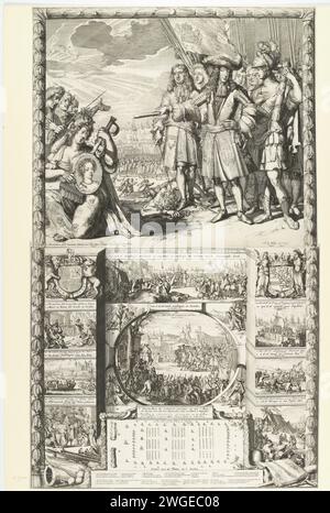 Allégorie en l'honneur de Guillaume III quand il est venu en Angleterre, 1688, 1688 - 1689 imprimer allégorie sur deux planches en l'honneur de Guillaume III à son arrivée en Angleterre, 1688. Sur la plaque supérieure Willem III avec sa suite entre Eendracht et le duc de Schomberg. Derrière le prince se trouvent Bentinck et Torrington. En face de lui, Brittania s'agenouille avec un joug et le portrait de Maria Stuart. Sur la plaque inférieure à gauche sous les armoiries de Jacobus II, trois scènes du Wandaden sous son règne, dont la naissance du Molenaarskind, au milieu l'arrivée de Guillaume III en Angleterre et le sien Banque D'Images