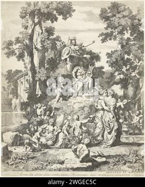 Minerva visite Apollon et les Muses sur le Parnasse, partie gauche, Pieter van den Berge, d'après Gerard de Lairesse, c. 1694 - dans ou avant vers 1737 impression partie gauche d'une représentation avec Minerve et Apollon sur la chaîne de montagne Parnasse, la ville natale du Muzen. Les muses et les putti jouent sur le sol et ramassent des fleurs. Apollo est assis sur une colline et joue sur son treuil. Minerva est en conversation avec lui, couchée sur un nuage. Amsterdam gravure sur papier / gravure (histoire de) Apollo (Phoebus). Activités et relations non agressives, amicales ou neutres de Minerva. Parnasse, sacré à Apollo Musage Banque D'Images