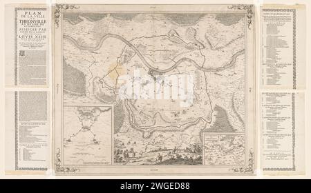 Carte du siège de Thionville, 1643, 1644 imprimer. Carte du siège de Thionville par l'armée française sous le commandement de Lodewijk II de Bourbon-Condé, duc d'Enghien, 18 juin - 10 août 1643. Ensemble non assemblé composé de la carte du siège et de quatre magazines de texte. Imprimeur : Francepublisher : Paris papier gravure / typographie cartes d'impression de différents pays ou régions. Siège, position guerre Thionville Banque D'Images