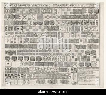 Bannières, standards et timbales conquis par les Hollandais pendant la guerre, 1713, 1713 imprimer Aperçu des bannières, standards et tambours de tambours de tambours de chaudière conquis des Français, des Espagnols et des Bavarois par les Hollandais pendant la guerre de succession d'Espagne et exposés au Hof van Holland à la Haye. Chaque objet indique où il a été conquis et le régiment auquel il appartenait. En bas à droite un cartouche avec les explications des phrases sur les objets. Imprimeur : Northern Netherlandspublisher : Amsterdam papier gravure de musique militaire. tambour (instrument de musique). drapeaux (militaires) et st Banque D'Images