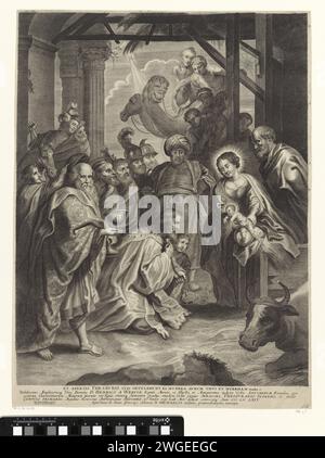 Adoration des rois, Adriaen Lommelin, d'après Pierre Paul Rubens, 1630 - 1677 estampe Marie et Joseph montrent l'enfant Christ aux trois rois. Les trois offrent à l'enfant leurs cadeaux. Les membres de leur entourage surveillent. Anversois gravure sur papier adoration des rois : les Sages présentent leurs dons au Christ-enfant (or, encens et myrrhe) Banque D'Images