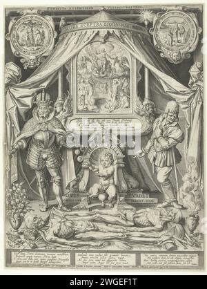 Allégorie de la mort et éphémère de la vie, impression 1601 dans une tente ronde, un putto souffle ('Homo Bulla' - 'l'homme est une bulle' - est sur le bord de la niche dans laquelle il se trouve), flanqué d'un empereur et d'un ouvrier agricole. Au-dessus du putto une représentation du dernier jugement. En haut à gauche un cartouche avec une représentation ronde de la chute ; en haut à droite un cartouche avec une représentation ronde de la crucifixion. Il y a deux cadavres au premier plan (l'empereur et le fermier, selon la couronne cassée à l'extrême gauche et la pelle battue à l'avant droit). Sur la gauche au premier plan al Banque D'Images