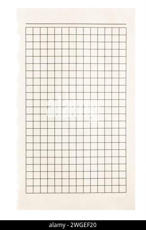 Feuille de papier à carreaux blanc arrachée d'un cahier, isolée. Section détachée du papier quadrillé. Banque D'Images