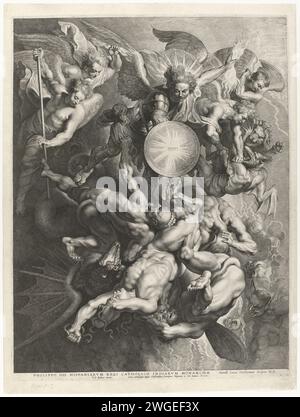 L'Archange Michel combattant les anges rebelles, Lucas Vorsterman (I), après Pierre Paul Rubens, 1621 imprimer l'archange Michel, dans une main un bouclier avec le symbole de Dieu le Père et dans son autre main un éclair, jette les anges rebelles du ciel avec d'autres anges. Anvers gravure sur papier chute des anges rebelles, qui deviennent diables. L'Archange Michael (et d'autres anges) jetant les anges rebelles hors du ciel Banque D'Images