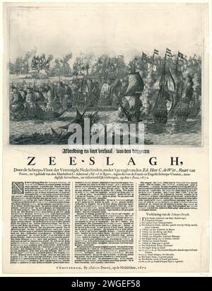 Bataille de Solebay, 7 juin 1672, Anonymous, 1672 imprimer bataille de Solebay, le 7 juin 1672, entre la flotte de l'État dirigée par Michiel de Ruyter et la flotte anglo-française dirigée par le duc d'York et le vice-amiral Jean II d'Estrees. Une feuille est coincée sous la performance avec une description des événements dans trois colonnes. À la fin du texte figure une déclaration des performances dans laquelle les navires individuels sont identifiés. L'impression est imprimée à partir d'une plaque fabriquée à l'origine en 1666 pour une représentation de la bataille maritime de quatre jours entre les Néerlandais et les Anglais le 11-14 juin 1666 (FMH 223 Banque D'Images