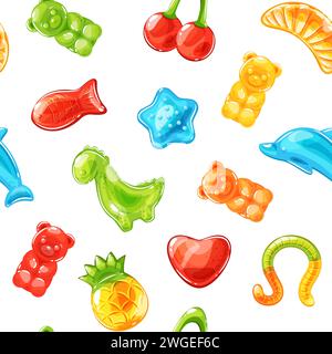 Gummy Kids Vitamins motif sans couture. Bonbons à la gelée colorés répétés, animaux et formes de fruits, bonbons de sucre de marmelade, décor d'emballage, emballage Illustration de Vecteur