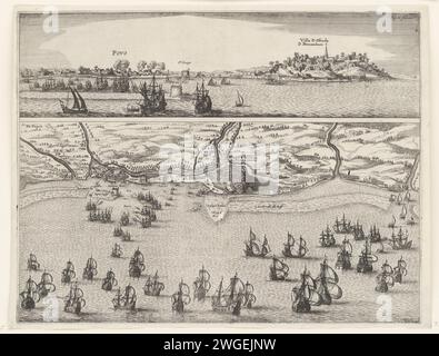 Conquête d'Olinda au Brésil par le général Hendrick C. Loncq, 1630, 1649 - 1651 imprimer conquête de la ville d'Olinda dans le Pernambuco au Brésil par une flotte de la WIC sous Admiraal Hendrick C. Loncq, février ou mars 1630. Deux représentations. Au-dessus d'un visage sur Olinda de l'eau avec quelques bâtiments en feu. Sous la flotte néerlandaise située en face d'Olinda sur la côte brésilienne. Marqué en haut à droite : Fig. 10, fol. 100. Nord des pays-Bas papier gravure capture de la ville (après le siège) Pernambuco. Olinda Banque D'Images